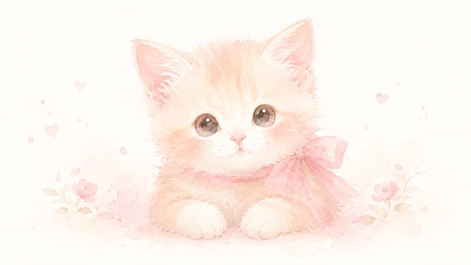 上のお願い文で作った例。やわらかい水彩タッチで、ピンクとクリームの淡い色の子猫が、余白を多めにとって中央に描かれている