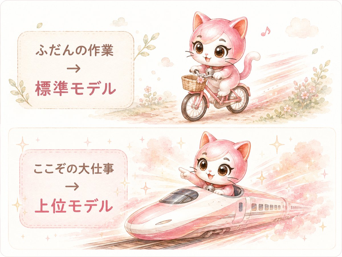 ふだんの作業は標準モデル(自転車のすずちゃん)、ここぞの大仕事は上位モデル(新幹線のすずちゃん)という使い分けを表した水彩イラスト