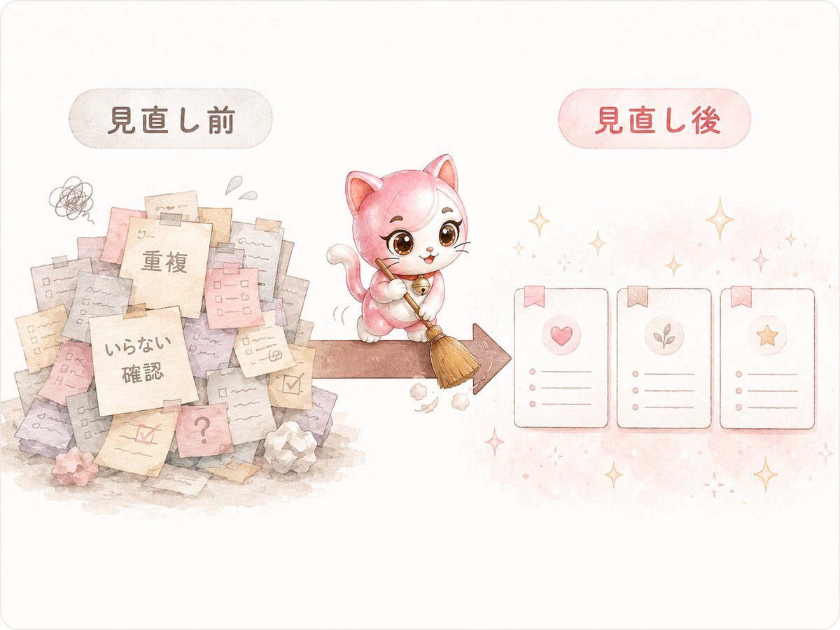 ごちゃごちゃに溜まった作業メモが、見直しによってすっきり3枚のカードに整理される様子を、ほうきを持ったすずちゃんが手伝っている水彩イラスト