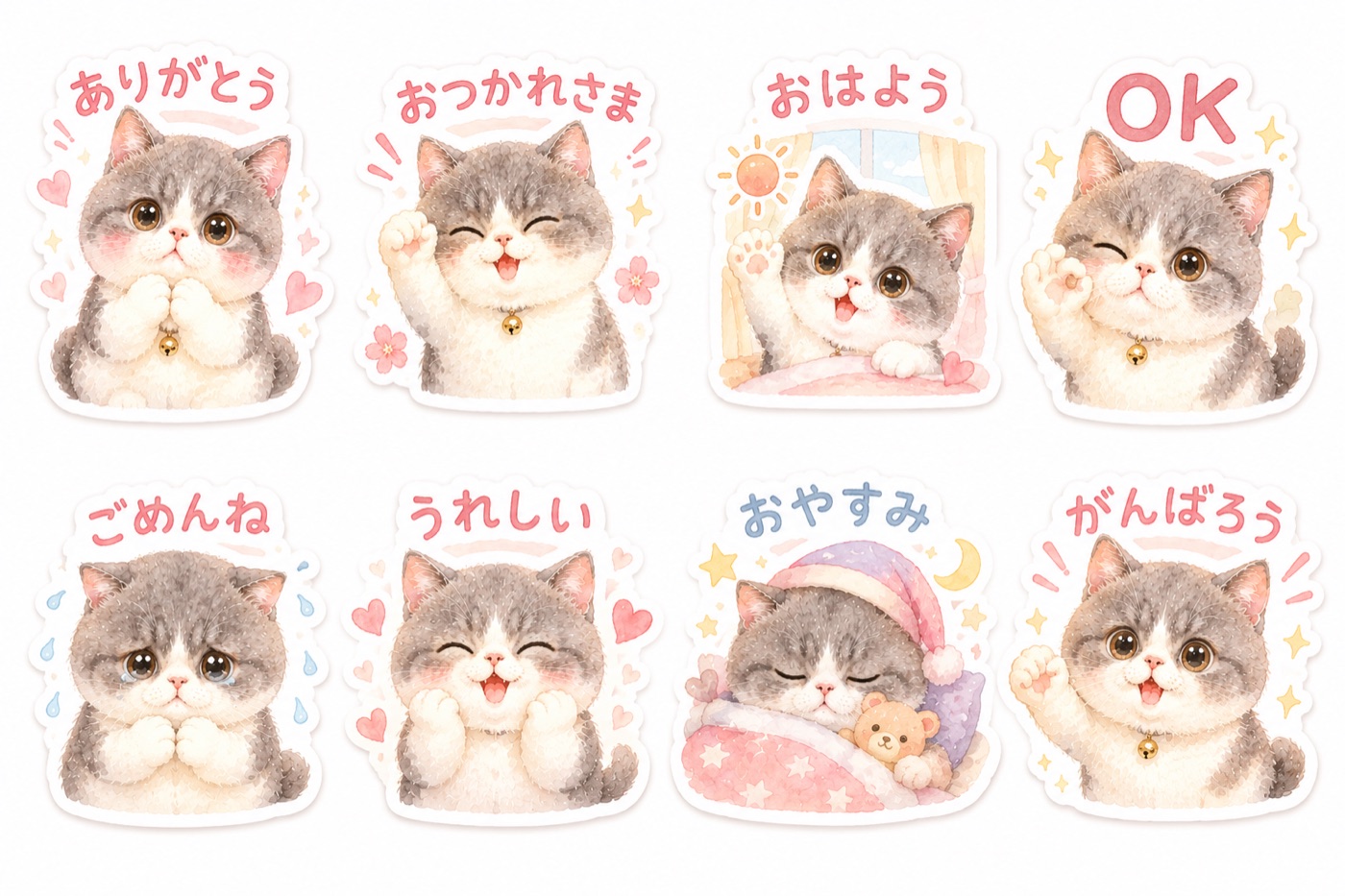 水彩タッチの子猫のLINEスタンプ8個。「ありがとう」「おつかれさま」「おはよう」「OK」「ごめんね」「うれしい」「おやすみ」「がんばろう」のことば入り